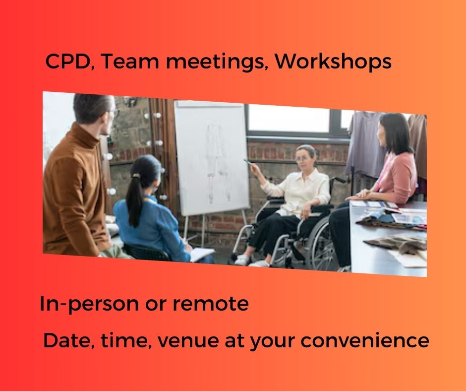 Image of somebody in a wheelchair giving a presentation with text that says CPD, Team meetings, Workshops, In-person or remote, date, time, venue at your convenience